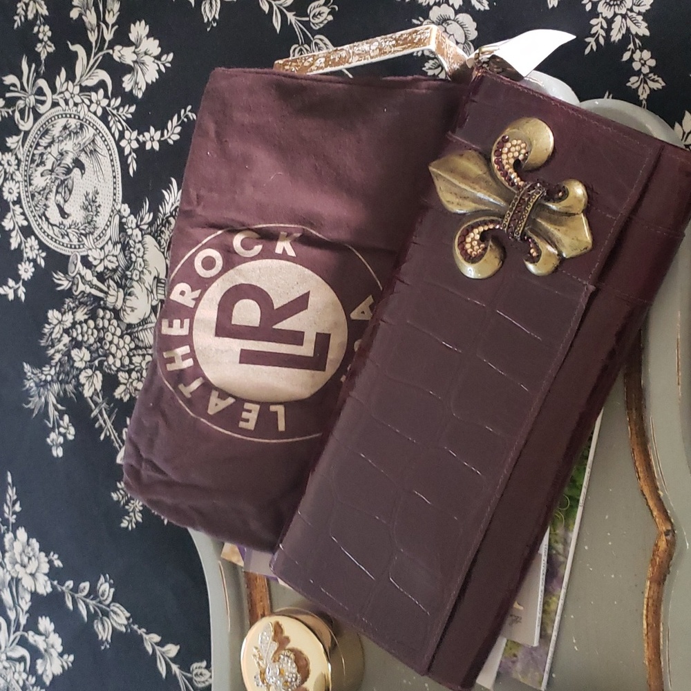 Leatherrock USA Dark Wine Colored leather clutch with chain. NWT